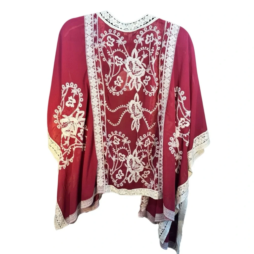Etched Cranberry Embroidered Cardigan, Size S/M New - Picture 2 of 5